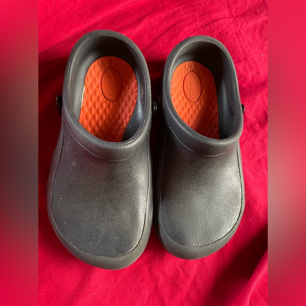 CROCS Black Slides slip ons with Orange Insole- pre owned